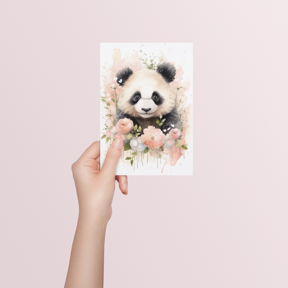Watercolor Panda Bear With Flowers Portrait Wall Art Illustration Print Unframed - Picture 5 of 6